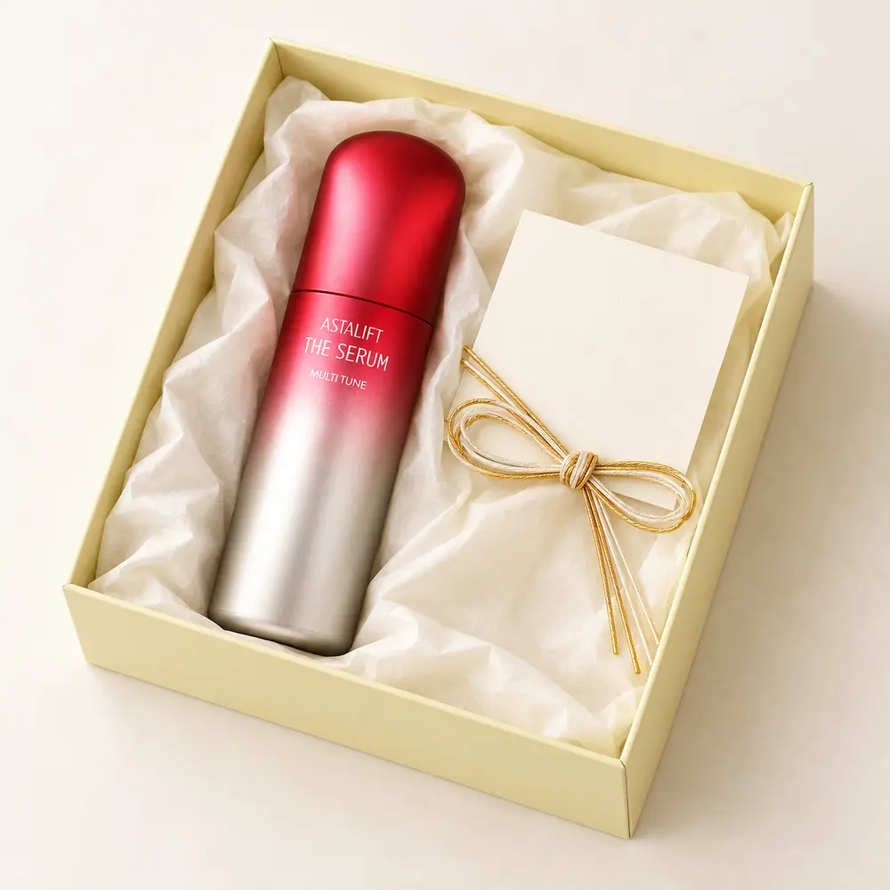 Mẫu hộp quà mở chứa serum ASTALIFT, giấy lót, thiệp và mizuhiki